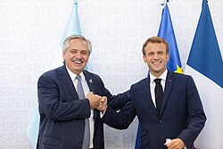 Fernández with French President Emmanuel Macron at the 2021 G20 Rome summit in October 2021