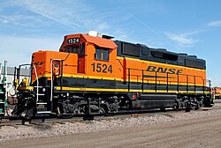 A second-generation Electro-Motive Diesel (EMD) yard-switching engine at Hobson Yard in Lincoln, Nebraska. This is EMD GP28-2 (GP28M) low emissions BNSF H4 1524.