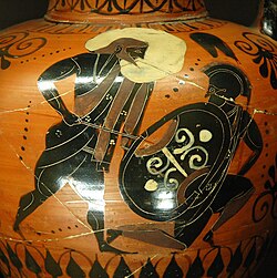 Poseidon fighting the Giant Polybotes. Attic black-figure neck amphora by Swing Painter, 540-530 BC, ca. 540 BC–530 BC. Louvre, Paris.