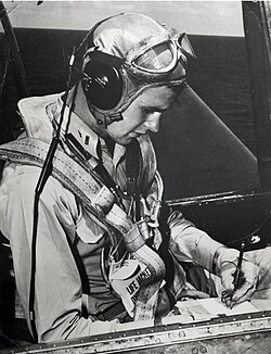 Bush in his Grumman TBM Avenger aboard the USS San Jacinto in 1944, during World War II