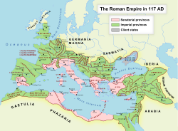 The extent of the Roman Empire under Trajan, AD 117.