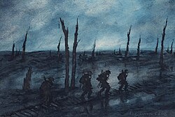One of Gunner F. J. Mears' paintings of a WW1 battlefield at night