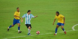 Lionel Messi against Brazil in the semi-final match in 2008, when the team won its second gold medal
