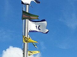 The command pennant of the Commander, Submarine Squadron 16 (COMSUBRON 16) above the squadron's headquarters at Naval Submarine Base Kings Bay, Georgia.
