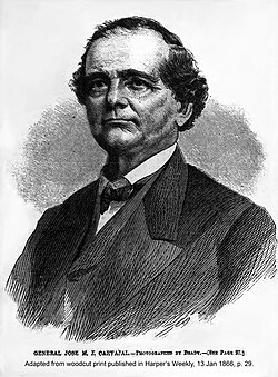 1866 portrait of Mexican General Carvajal; woodcut print made from a Matthew Brady photo.