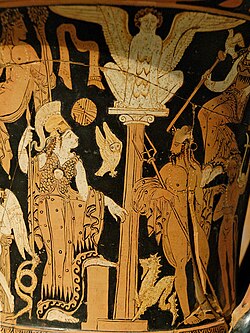 Athena and Poseidon, Faliscan red-figure volute-krater, by Nazzano Painter, 360 BC. Louvre, Paris.