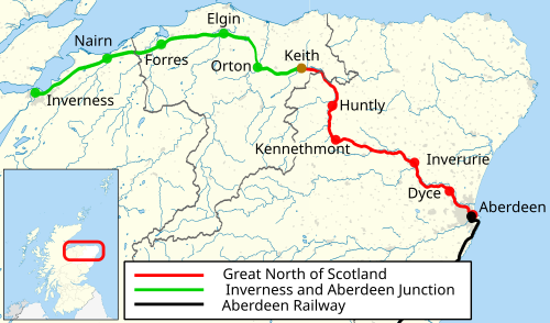 The Great North of Scotland and Inverness and Aberdeen Junction Railway route between Aberdeen and Inverness that opened in August 1858.
