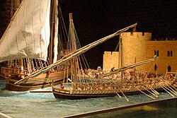 Model of Crusader ships anchored in Akko harbor in 1270 by the ICRS.