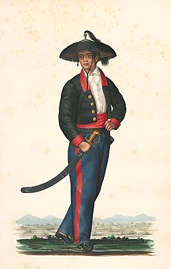 A Wine Guard or Guardia de Vino wearing the traditional Salakot hat. Armed guards who protected the wine and tobacco monopoly in the Philippines.