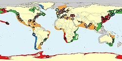 Map of population trends of native and invasive jellyfish.[90] Circles represent data records; larger circles denote higher certainty of findings. Increase (high certainty) Increase (low certainty) Stable/variable Decrease No data