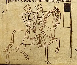 Depiction of two Templars seated on a horse (emphasising poverty), with Beauséant, the "sacred banner" (or gonfanon) of the Templars, argent a chief sable (Matthew Paris, c. 1250)[110]