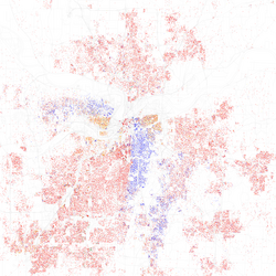 Map of racial distribution in Kansas City, 2010 U.S. Census. Each dot is 25 people: ⬤ White ⬤ Black ⬤ Asian ⬤ Hispanic ⬤ Other