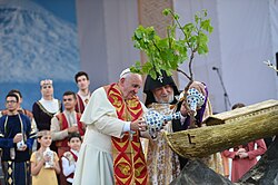 Pope Francis and Catholicos Garegin II at an ecumenic ceremony in the Republic Square, Yerevan, Armenia, June 2016