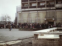 A line for distribution of cooking oil in Bucharest, Romania, May 1986