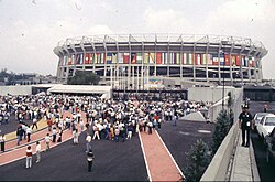 Football fans waiting outside the Estadio Azteca in 1986.