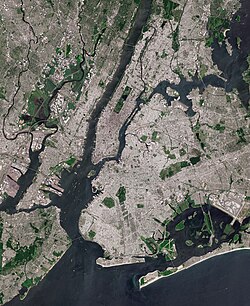 Aerial view of the New York City metropolitan area with Manhattan at its center