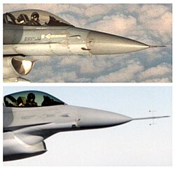 Testing of the F-35 diverterless supersonic inlet on an F-16 testbed. The original intake with splitter plate is shown in the top image.