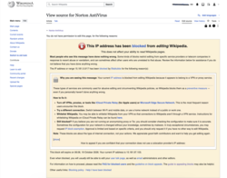 Screenshot of Wikipedia VPN block