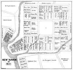 The 1638 nine-square plan, with the extant New Haven Green at its center, continues to define New Haven's downtown.