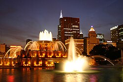 Buckingham Fountain is in Grant Park in the Loop.