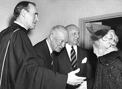 The Rev. Dr. George Docherty (left) and President Eisenhower (second from left) on the morning of February 7, 1954, at the New York Avenue Presbyterian Church