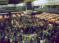 The Chicago Board of Trade floor in 1993. It is one of the world's oldest futures and options exchanges.[182]