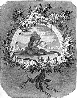 The cosmological, central tree Yggdrasil is depicted in The Ash Yggdrasil by Friedrich Wilhelm Heine (1886).