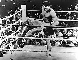 Foreman falling to the canvas after a hard right straight to the face