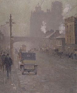An oil painting depicting a smog-filled wide cobbled road with pavement on either side. In the background, a bridge goes over the road in front of a towering building to the right. In the foreground, there is a man walking and a small horse and cart moving away.