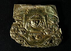 Chimú gold plaque, displays god Naymlap on his boat – Lombards Historical Society Museum