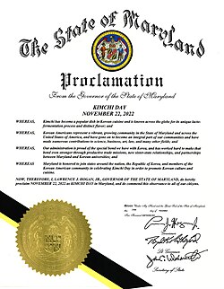 Proclamation signed by Governor of Maryland Larry Hogan declaring 22 November as 'Kimchi Day' (2022)