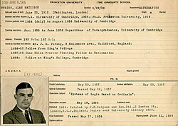 Archival record from the Graduate School detailing Alan Turing's academic journey