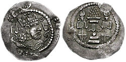 Later imitation of a drachm of Khosrow I from the Surkhan Darya valley, Tokharistan, a region that was lost during the reign of Peroz I, but was later reconquered by Khosrow I[69]