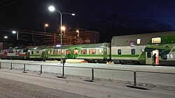 A long-distance night train at the Oulu railway station in Oulu, Finland
