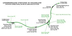 Map showing operational dates for lines and stations in Hounslow