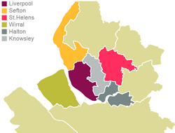 Map showing the six boroughs of Liverpool City Region: the fourth-largest combined authority area in England.
