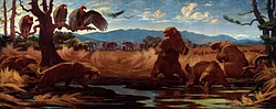 S. fatalis pair approaching a group of the ground sloth Paramylodon, one mired, at the La Brea Tar Pits, by Knight, 1921