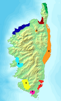 Corsica's wine regions: (1) Cap Corse, (2) Patrimonio, (3) Calvi, (4) Ajaccio, (5) Sartène, (6) Figari, (7) Porto-Vecchio, (8) Greater Vin de Corse region. The Muscat du Cap Corse region overlaps with part of the Cap Corse and Patrimonio regions.