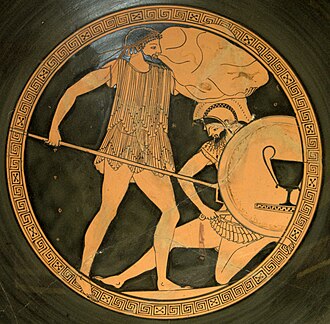 A scene from the Gigantomachy: Poseidon fights Polybotes. The god broke off a piece of the island of Kos called Nisyros, and threw it on top of the giant.[68] Tondo of an Attic red-figure kylix, ca. 475-470 BC. Painter of the Paris Gigantomachy (eponymous vase), circle of the Brygos Painter found in Vulci BnF Museum (Cabinet des médailles), Paris .
