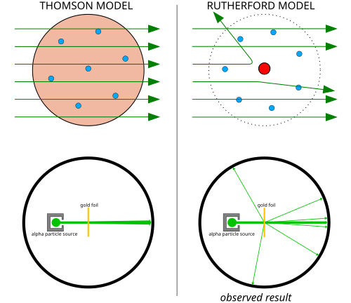 The Rutherford scattering experiments Left: Expected results: alpha particles passing through the plum pudding model of the atom with negligible deflection. Right: Observed results: a small portion of the particles were deflected by the concentrated positive charge of the nucleus.