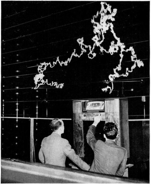 FM has better noise (RFI) rejection than AM, as shown in this dramatic New York publicity demonstration by General Electric in 1940. The radio has both AM and FM receivers. With a million-volt electric arc as a source of interference behind it, the AM receiver produced only a roar of static, while the FM receiver clearly reproduced a music program from Armstrong's experimental FM transmitter W2XMN in New Jersey.