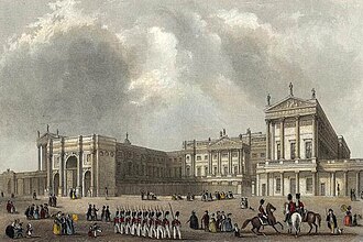 Buckingham Palace c. 1837, showing Marble Arch at left, a ceremonial entrance. It was moved next to Hyde Park to make way for the new east wing in 1847.