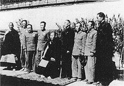 Leaders of the Tibet Work Committee visiting the Dalai Lama at Norbulingka, Lhasa in November 1951. Tan Guansan is the third from the right.