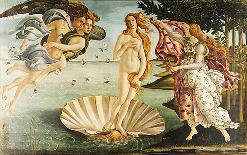 The Birth of Venus (c. 1485) by Sandro Botticelli,[115] Uffizi, Florence