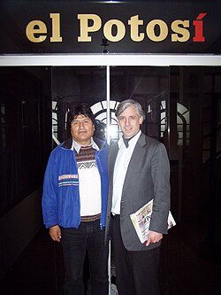 Morales with his vice-presidential running mate, Álvaro García Linera, in 2005