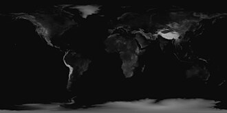 Heightmap of Earth's surface (including water and ice) in equirectangular projection, normalized as 8-bit grayscale, where lighter values indicate higher elevation.