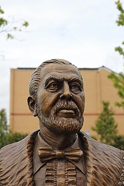 Photograph of the memorial to John Houlding outside Anfield.