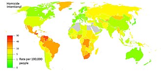 2012 map of countries by homicide rate. As of 2015, the Latin American countries with the highest rates were El Salvador (108.64 per 100,000 people), Honduras (63.75) and Venezuela (57.15). The countries with the lowest rates were Chile (3.59), Cuba (4.72) and Argentina (6.53).