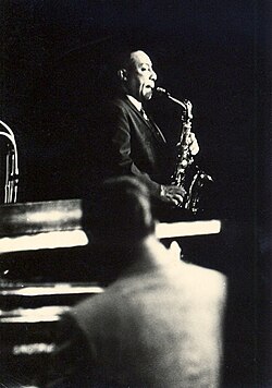 Artistic authenticity: The saxophonist Johnny Hodges at work, playing jazz. The philosopher Jean-Paul Sartre associated jazz with artistic freedom and improvisation, interpreting it as an expression of existential self-creation.[1]