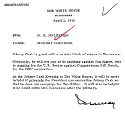 Memo from Chotiner to Haldeman suggesting Nixon "neutralize" Johnny Cash